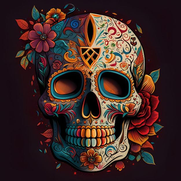 Human skull painted in color decorated with flowers on a dark solid background For the day of the dead and Halloween