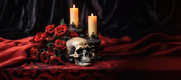 Human skull red roses and burning candles on red tablecloth background