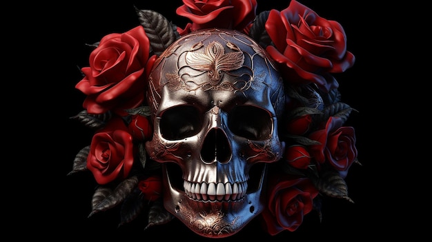 人間の頭蓋骨の赤いバラ istock ロイヤリティ イラスト イメージ AI 生成アート