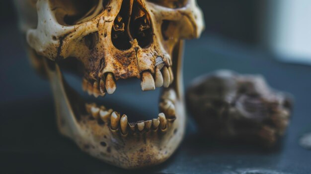 Photo human skull and rock on table