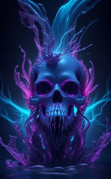 Human skull skull in blue and orange flames skull with fire and flames isolated on black backgroun