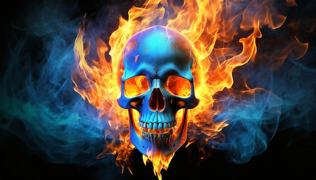 Human skull Skull in blue and orange flames Skull with fire and flames isolated on black backgroun