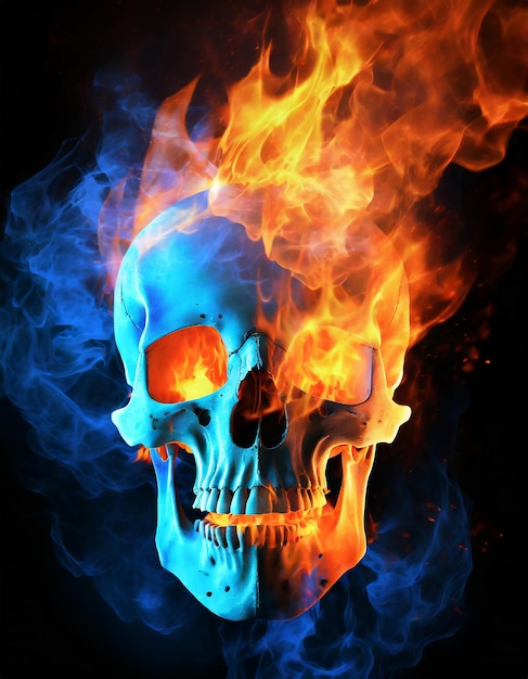 인간의 두개골 파란색과 오렌지색 불꽃의 두개골 불과 불꽃이 검은색 배경에 고립된 두개골