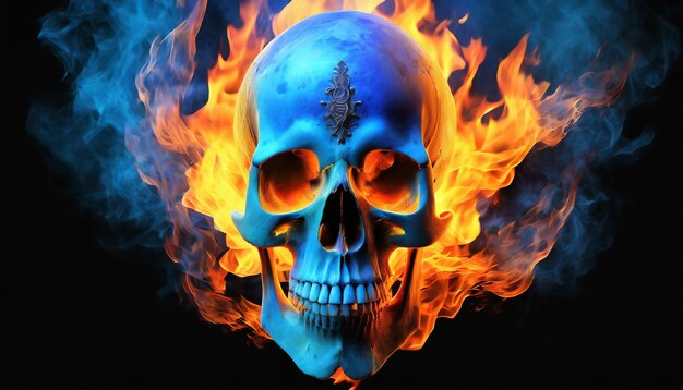 Foto teschio umano teschio in fiamme blu e arancione teschio con fuoco e fiamme isolati su uno sfondo nero