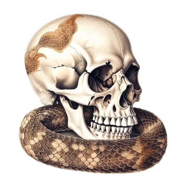 Human skull and snake on a white background closeup philosophical illustration