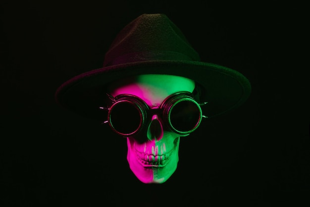 Human skull in steampunk glasses and a hat with a pink green\
light
