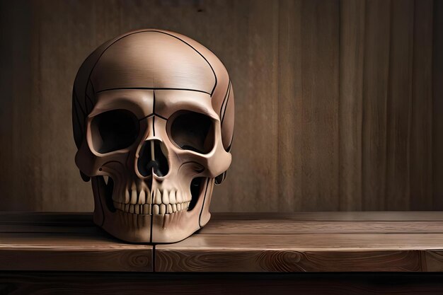 human skull still life vanity on old wooden desk