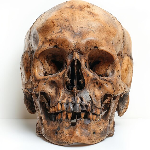 Foto cranio umano nello stile di ritratti fotograficamente dettagliati prospettiva frontale sfondo bianco ia generativa