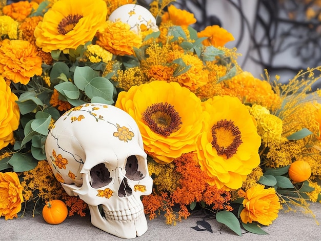 주황색과 노란색 꽃 축제 할로윈 장식으로 둘러싸인 인간의 두개골
