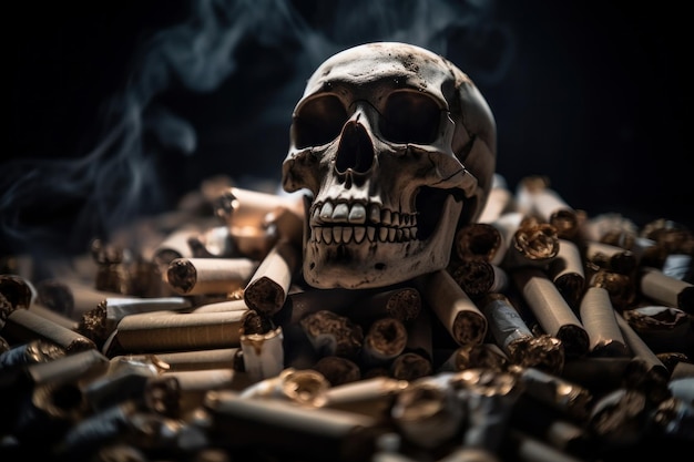 A human skull surrounded by smoke and cigarettes