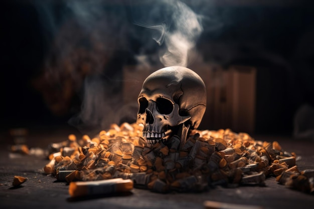 A human skull surrounded by smoke and cigarettes