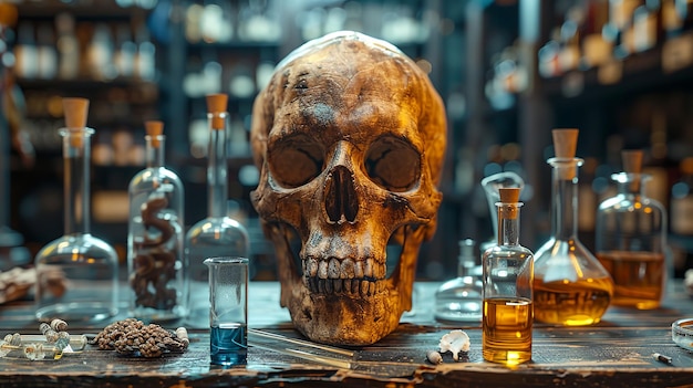 human skull on the table among chemical test tubes