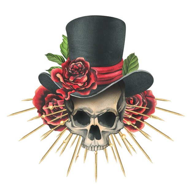 Human skull in a top hat with red roses a golden crown with rays Hand drawn watercolor illustration for day of the dead halloween Dia de los muertos Isolated composition on a white background