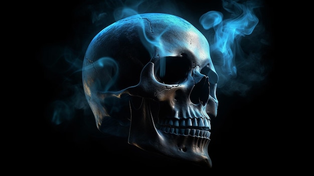 Human skull with blue smoke on black backgroundgenerative ai