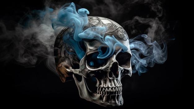 Фото Человеческий череп с синим дымом на черном фоне.