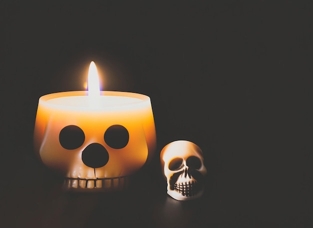 Human skull with candle light on wooden table in the dark background