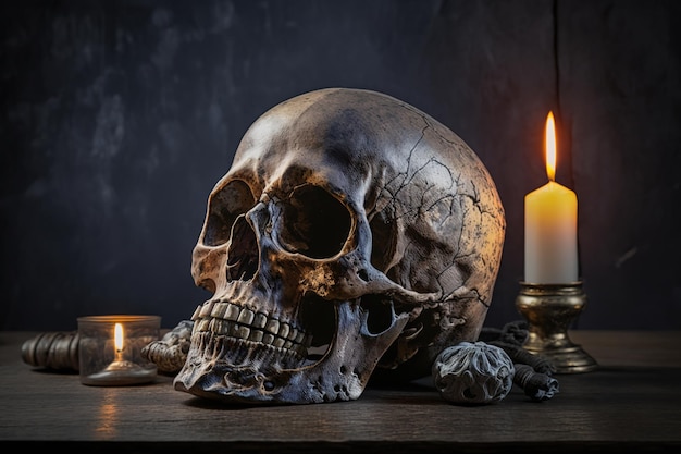 Человеческий череп со свечой на темном фоне с копировальным пространством Концепция темной магии колдовства