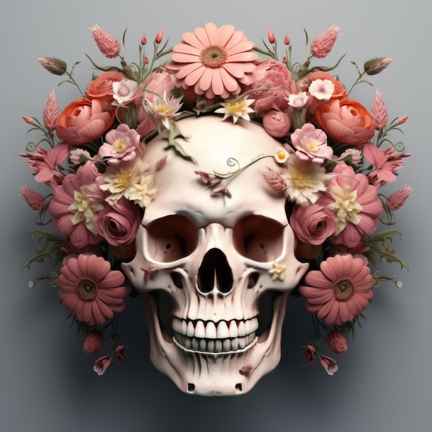 Human skull with crown of flowers 3d render art