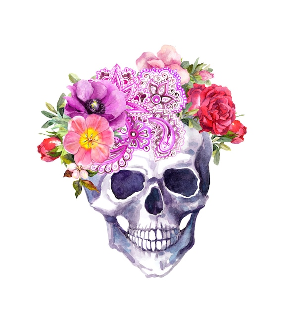 Фото Человеческий череп с цветами и этническим орнаментом в стиле бохо. акварель