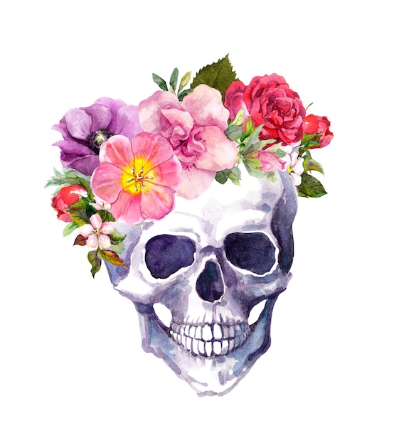写真 自由奔放に生きるスタイルの花を持つ人間の頭蓋骨。水彩