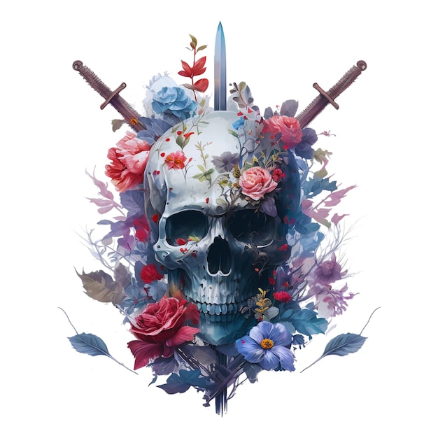 Human Skull with Flowers and Swords on White Background