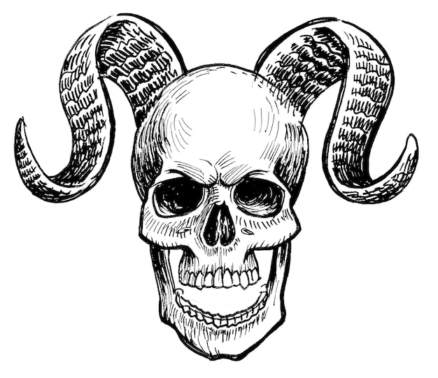 Human skull with horns. Ink black and white drawing