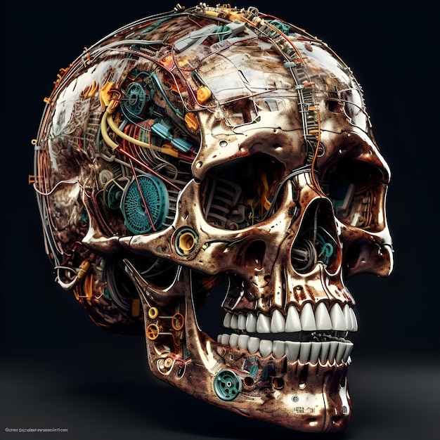 Human skull with mechanical gears and cogwheels 3d illustration