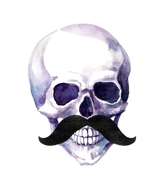 Photo human skull with mustaches. humor watercolor