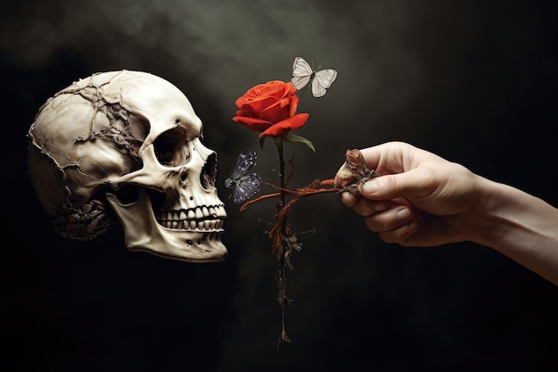 Foto cranio umano con rosa e farfalla su sfondo scuro concetto di halloween differenza tra vita e morte ai generato