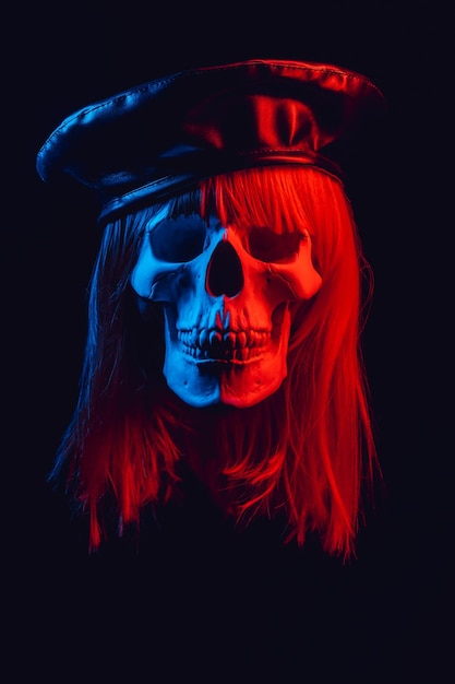 Human skull of a woman in a wig with hair in a hat with colored red and blue light