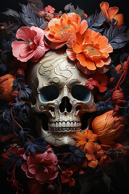 Human skulls in beautiful rose flowers Halloween and Day of the Dead card banner elements