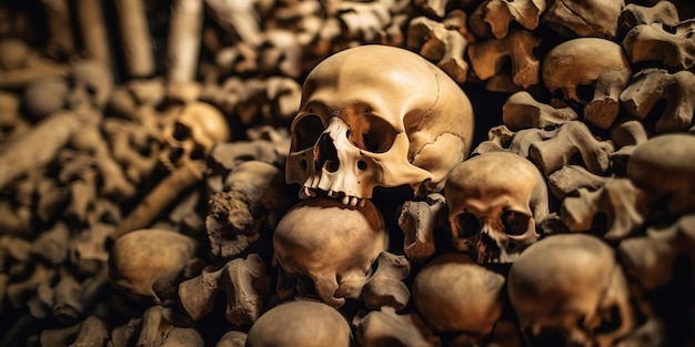 human skulls and bones of people killed in war in crypt burial in cemetery