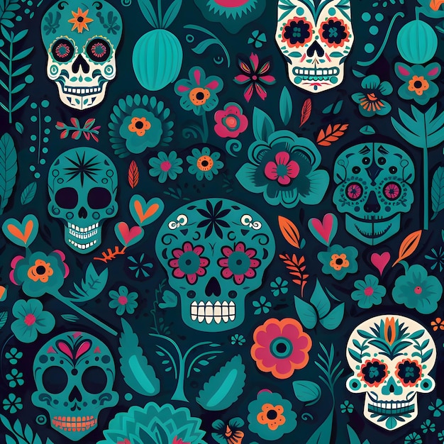 Human skulls decorated with roses and leaves as abstract background wallpaper banner texture design with pattern vector Dark colors