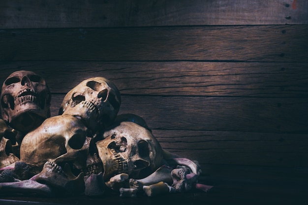 Human skulls on Old Wood Table Background.