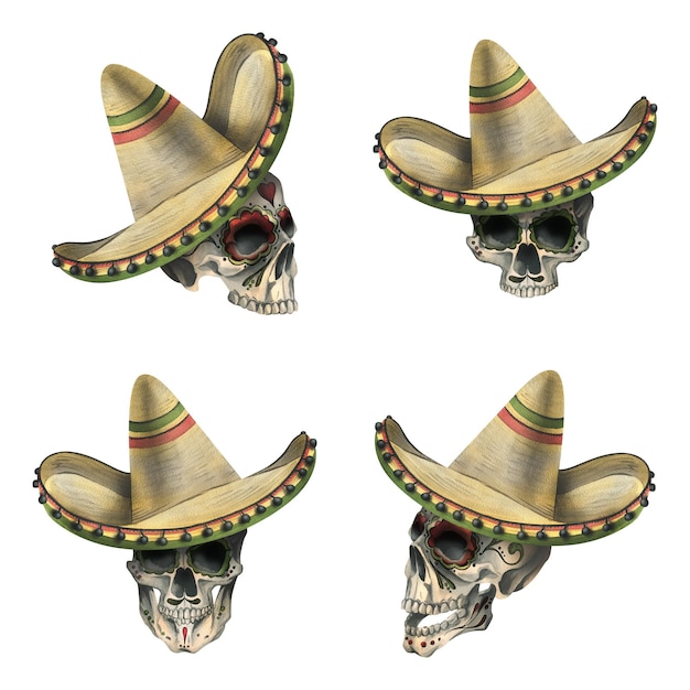 A human skulls with an ornament in a sombrero hat Hand drawn watercolor illustration for day of the dead halloween Dia de los muertos Set of isolated objects on a white background