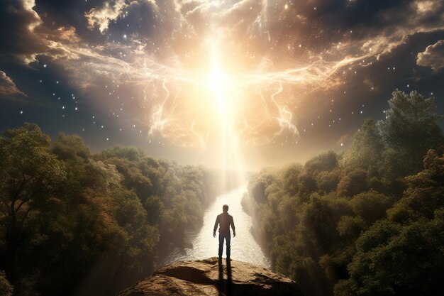 人間の魂は天国へ飛ぶ 輝く光 飛行する天使 神 霊的宗教 聖書