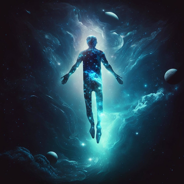 Human soul levitating in abstract space background Astral body concept Ai generative