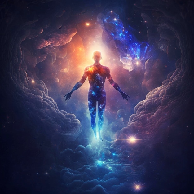 Human soul levitating in abstract space background Astral body concept Ai generative