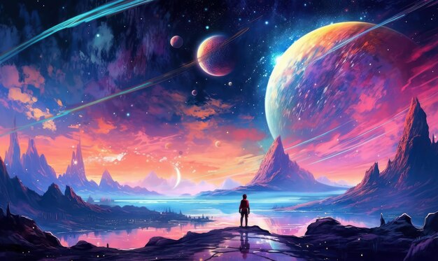 Human Space Exploration Background Colorful Space Illustration Generative Ai