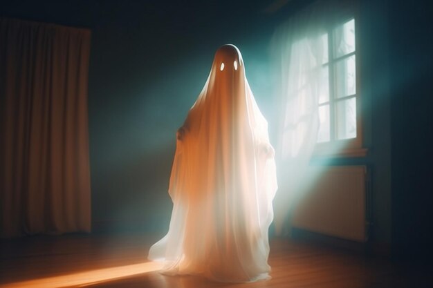 Human in spooky ghosts costume flying inside the old house or forest at night Halloween concept