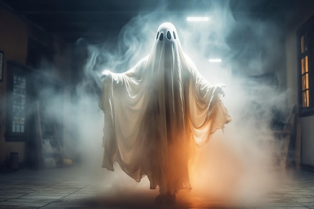 Human in spooky ghosts costume flying inside the old house or forest at night Halloween concept