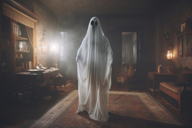 夜に古い家や森の中を飛ぶ不気味な幽霊の衣装を着た人間 ハロウィーンのコンセプト