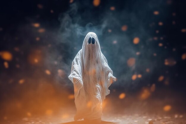 Human in spooky ghosts costume flying inside the old house or forest at night Halloween concept