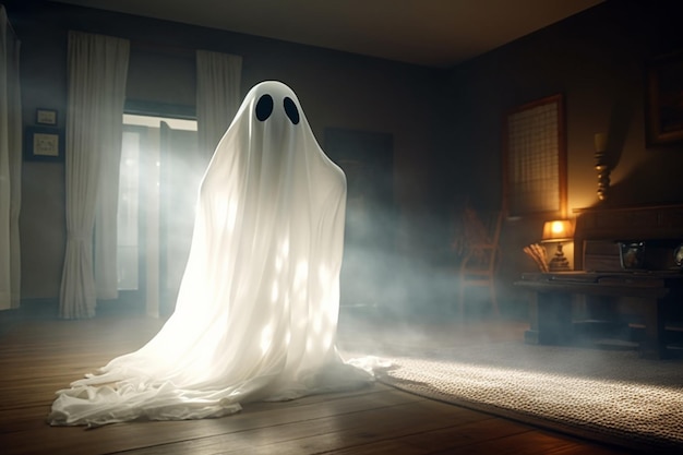 Human in spooky ghosts costume flying inside the old house or forest at night Halloween concept