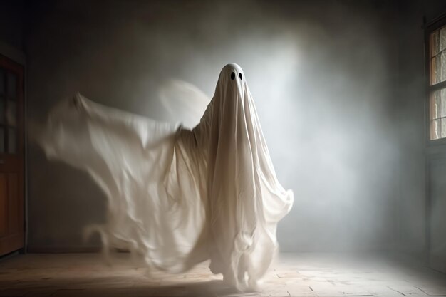 Human in spooky ghosts costume flying inside the old house or forest at night Halloween concept