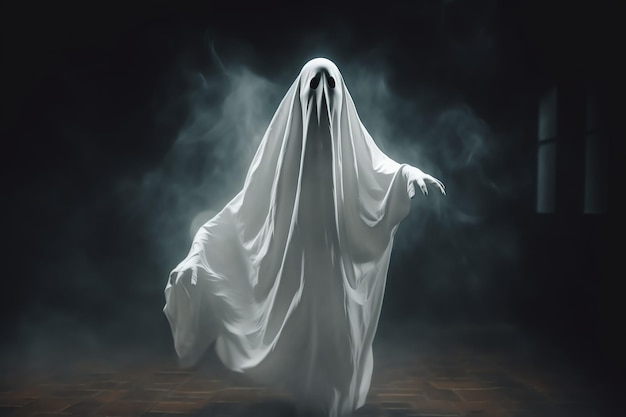 Human in spooky ghosts costume flying inside the old house or forest at night Halloween concept