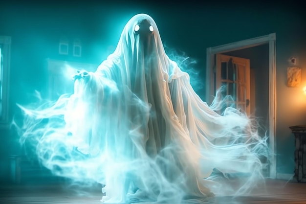 Human in spooky ghosts costume flying inside the old house or forest at night halloween concept