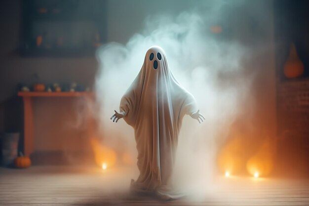 Human in spooky ghosts costume flying inside the old house or forest at night Halloween concept