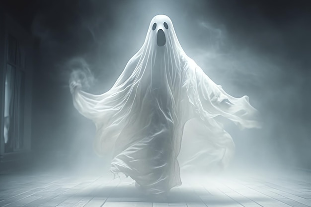 Human in spooky ghosts costume flying inside the old house or forest at night Halloween concept