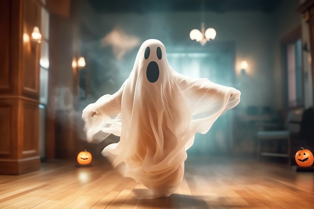 Human in spooky ghosts costume flying inside the old house or forest at night Halloween concept